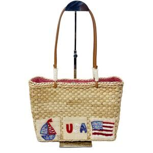 Quacker Factory USA Patriotic Wicker Tote Bag Purse Flag Sequin Embellished